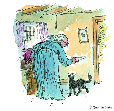 An illustration by Quentin Blake of a kind old lady giving a black cat some milk