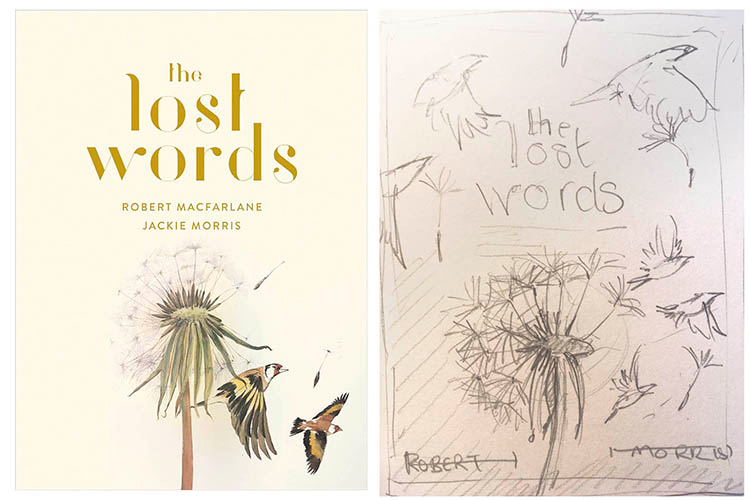 The first version of Jackie's illustrated cover, and her sketch adding more goldfinches and seeds