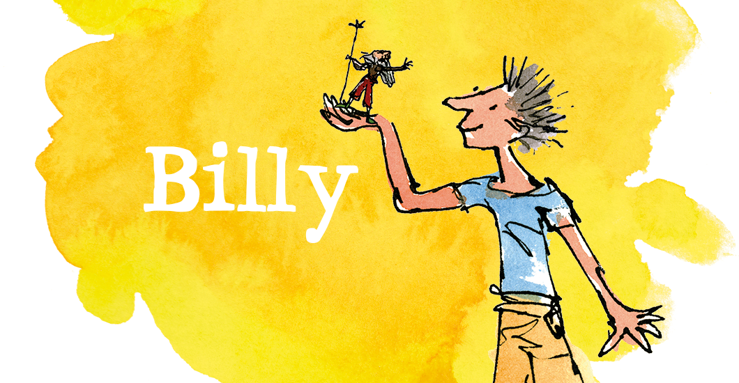 An illustration by Quentin Blake of Roald Dahl's character Billy holding a little main in the palm of his hand.