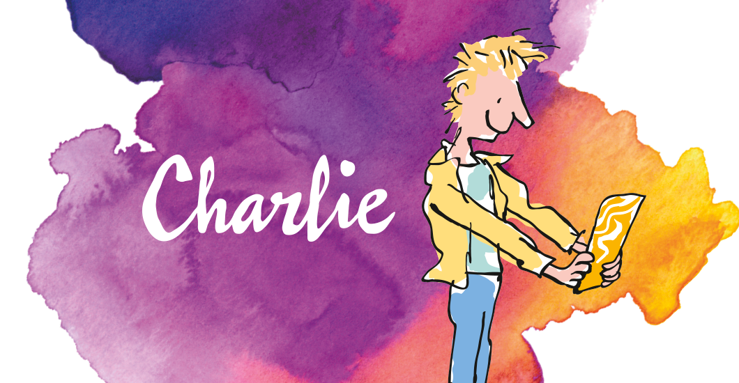 An illustration by Quentin Blake of Roald Dahl's character Charlie looking at the golden ticket he has just found in a bar of chocolate.