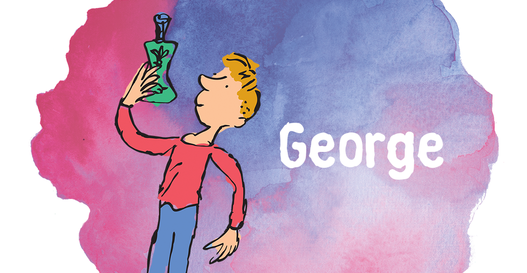 An illustration by Quentin Blake of Roald Dahl's character George holding up a bottle and looking at it.