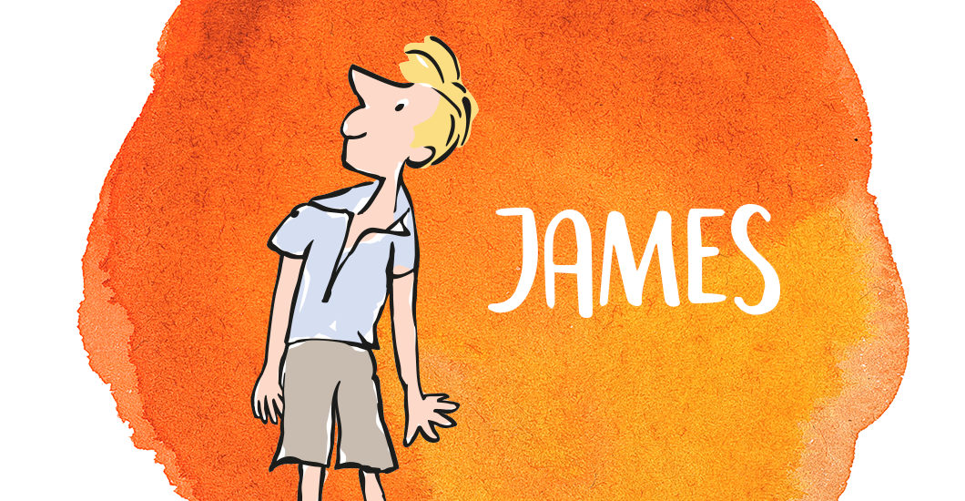 An illustration by Quentin Blake of Roald Dahl's character James standing still and looking upwards.