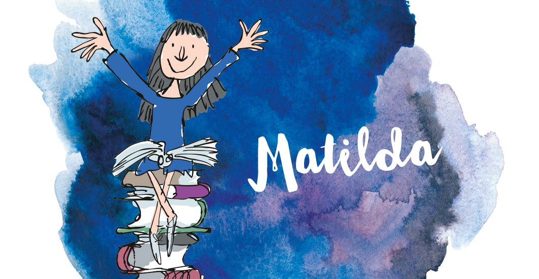An illustration by Quentin Blake of Roald Dahl's character Matilda sitting on a pile of books with her hands in the air.