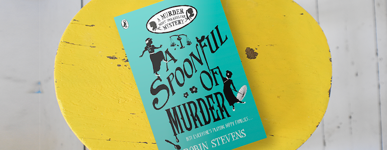 A photo of the book A Spoonful of Murder by Robin Stevens on a yellow background