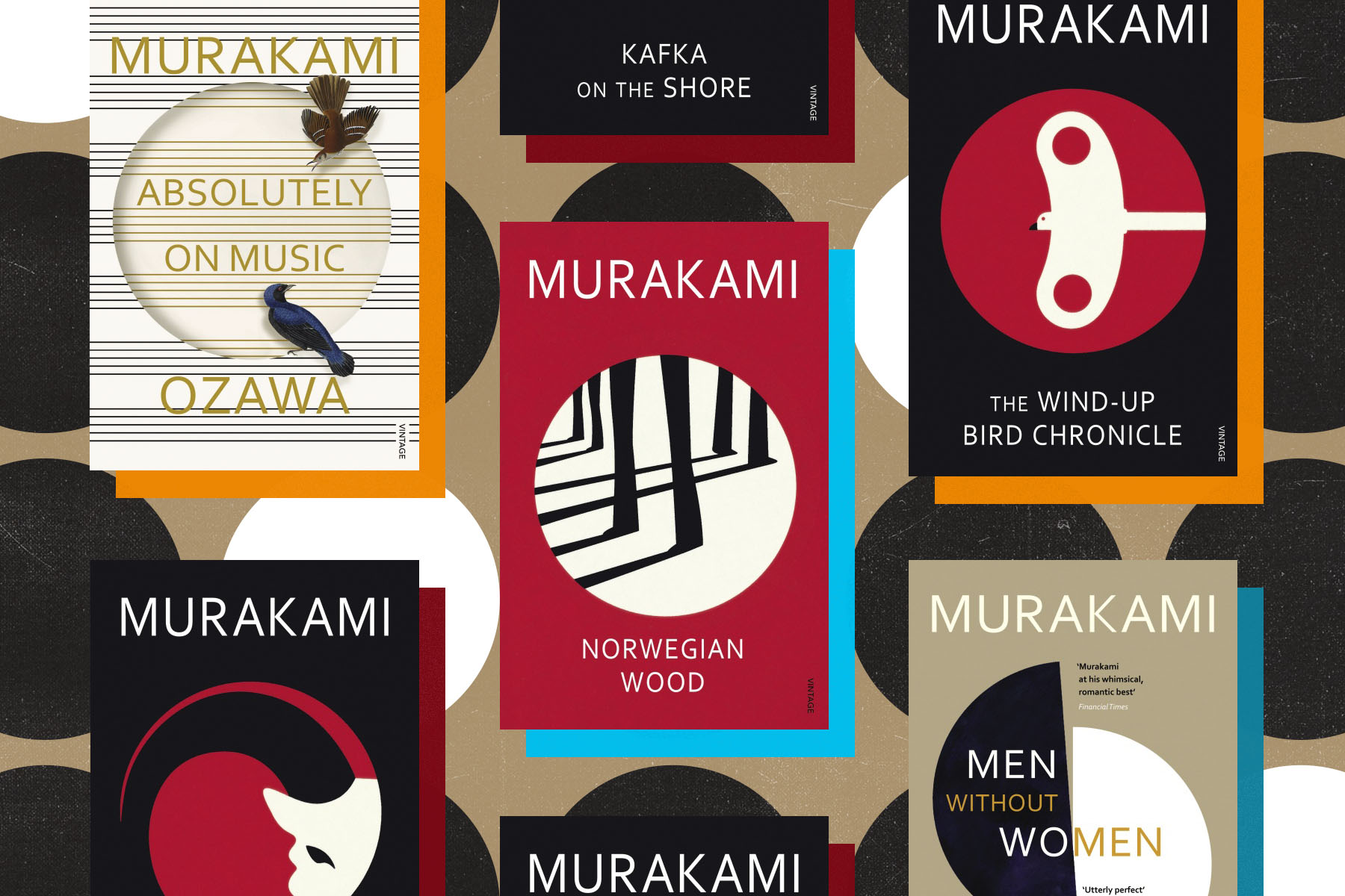 A flatlay of some of Haruki Murakami's most notable works.