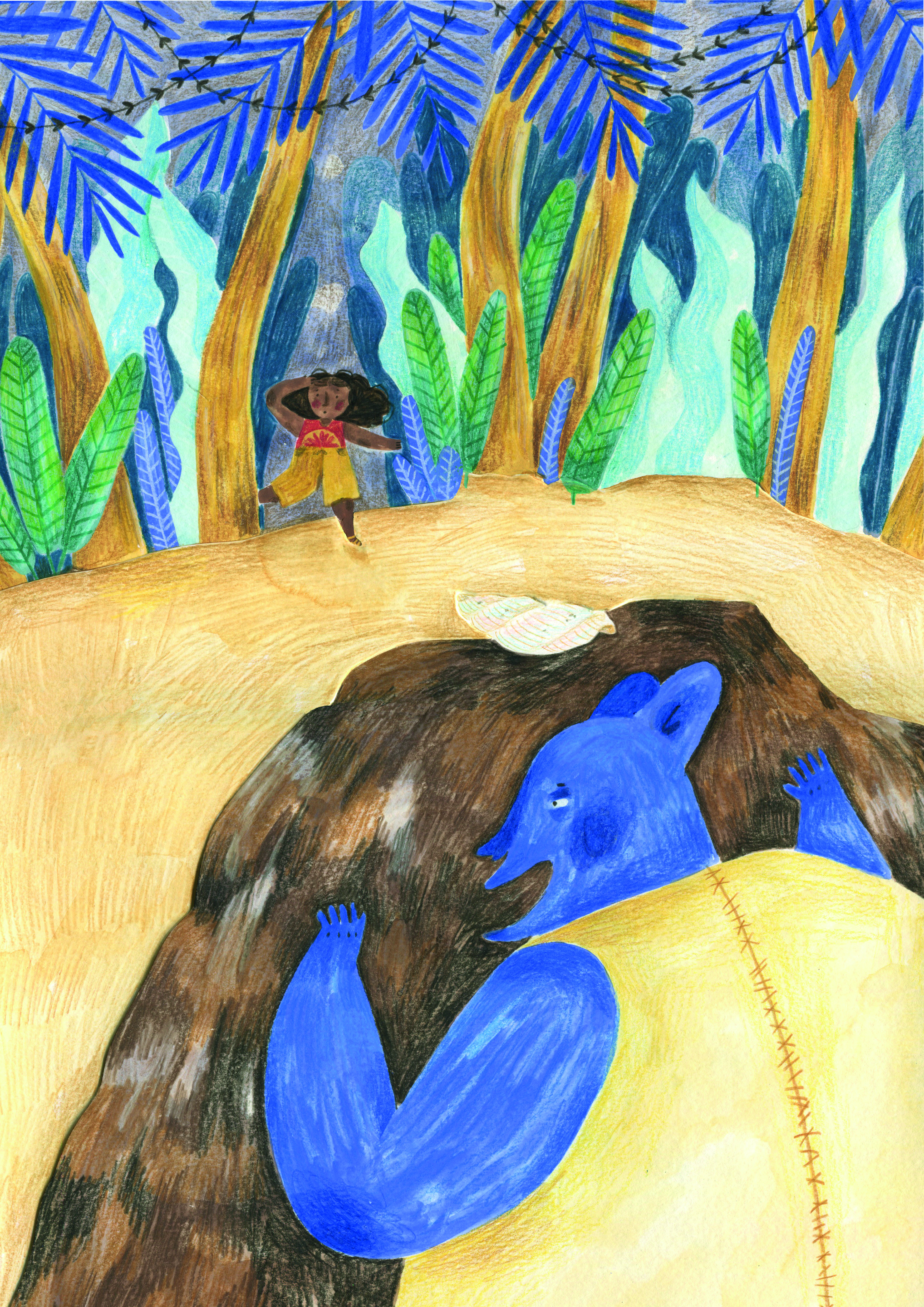 An illustration from the story Tamasha and the Troll showing Tamasha walking on to the beach whilst the troll hides behind a rock