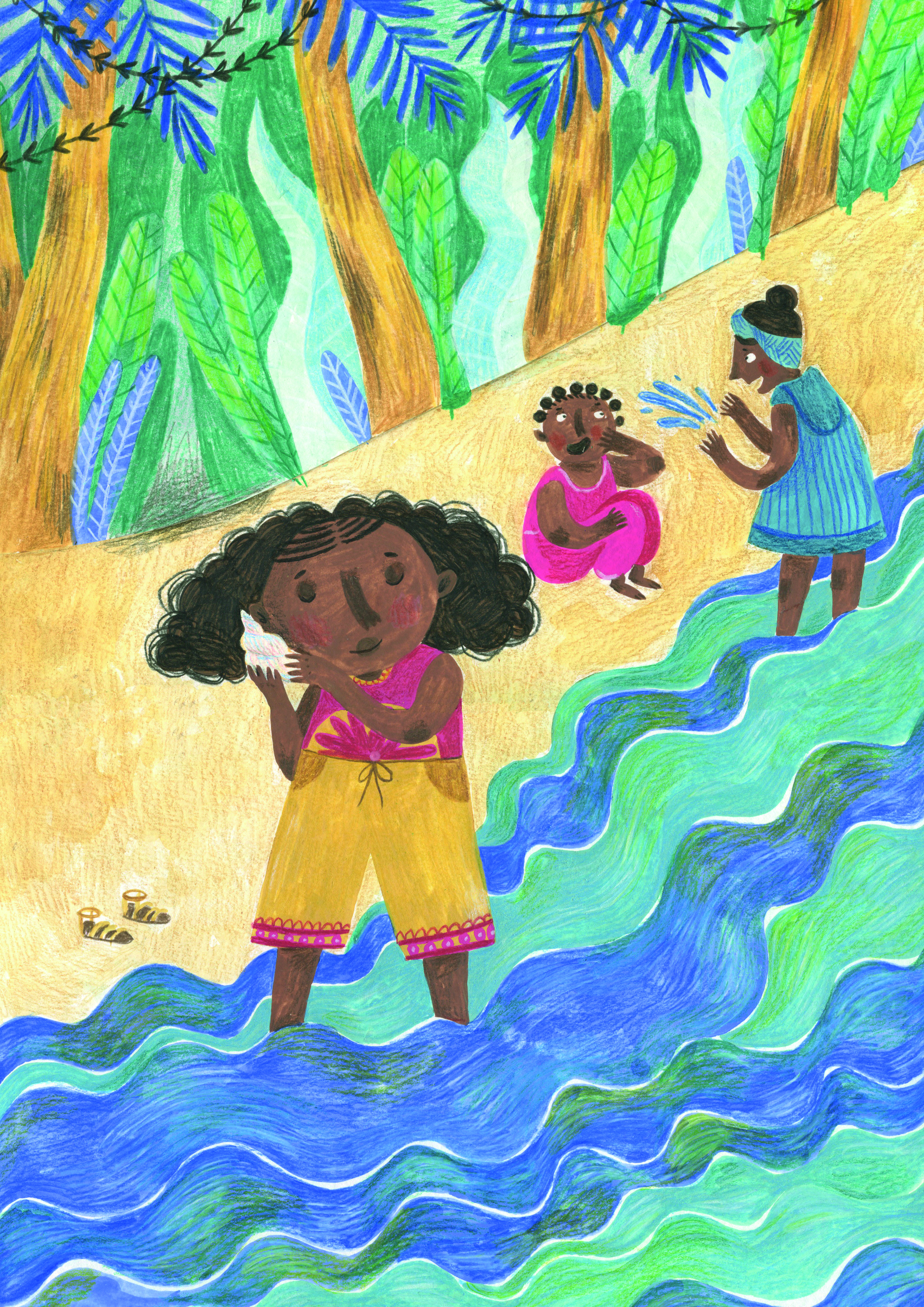 An illustration from the story Tamasha and the Troll showing Tamasha holding a shell up to her ear and listening to the noise it makes