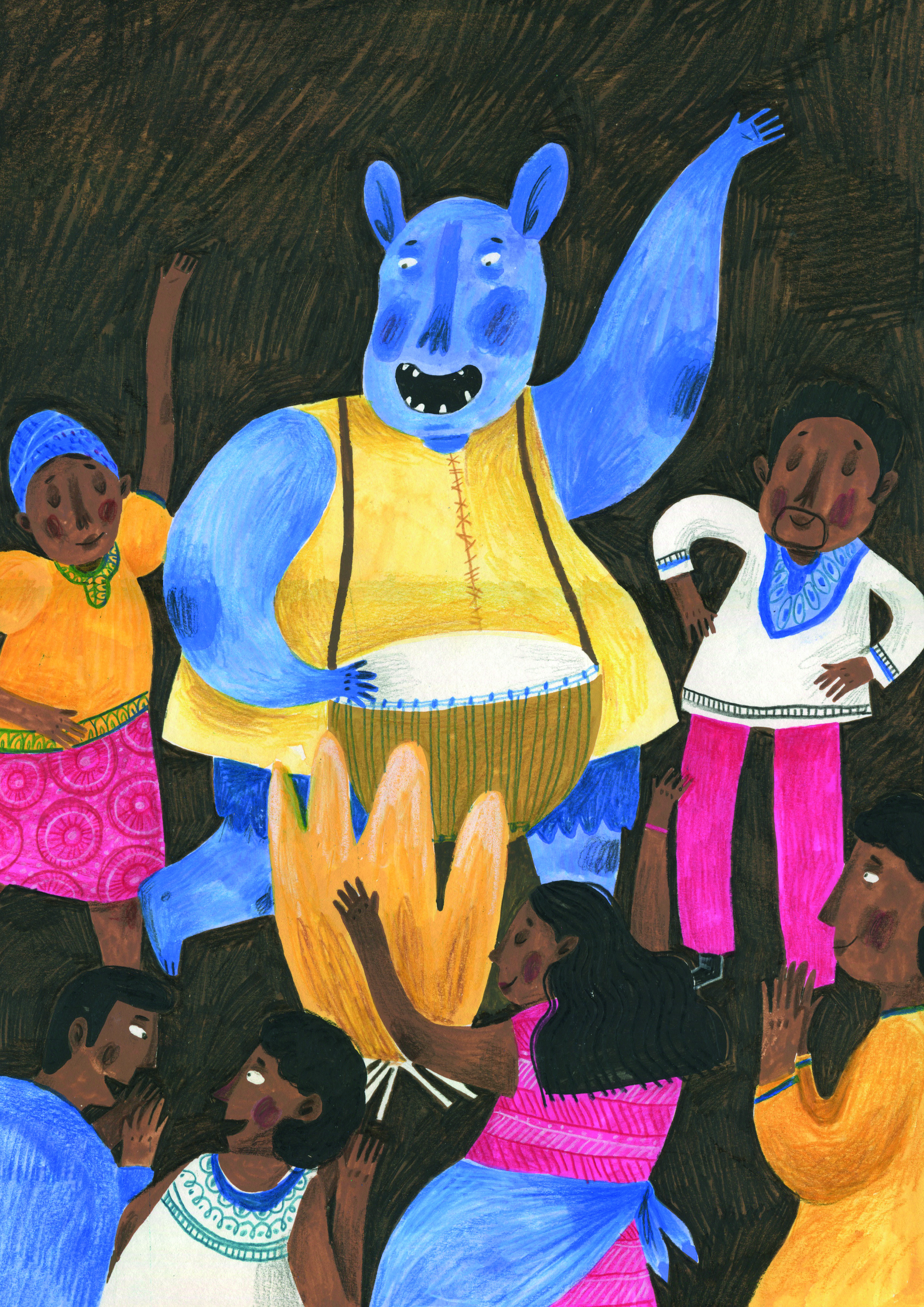 An illustration from the story Tamasha and the Troll showing the troll banging on a drum and people dancing around him