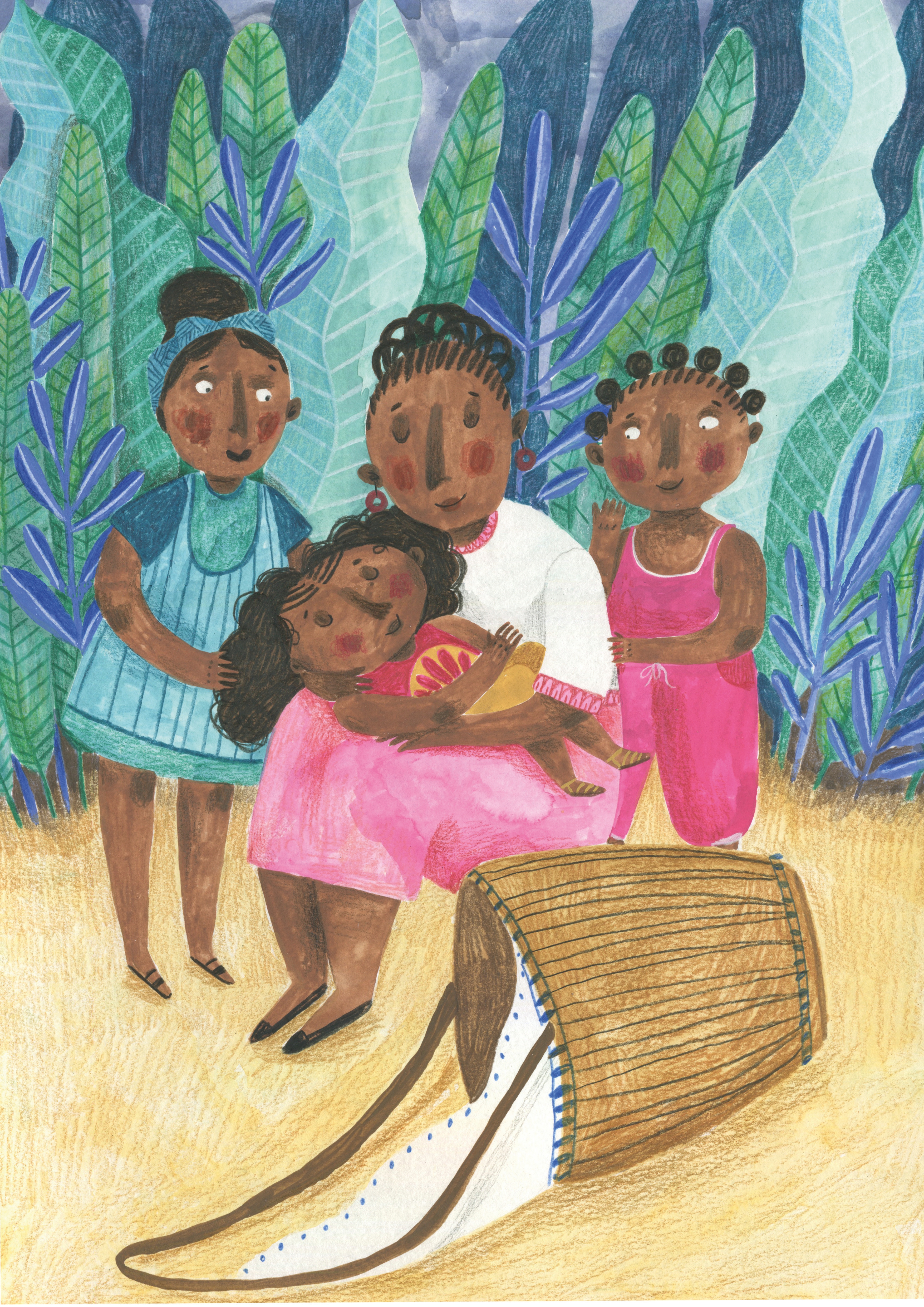 An illustration from the story Tamasha and the Troll showing Tamasha being reunited with her mum and sisters after escaping the troll