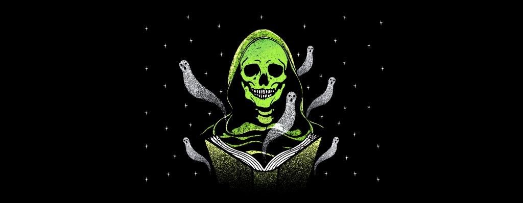 An illustration from the front cover of The Puffin Book of Ghosts and Ghouls. It features a luminous green skeleton reading a book with ghosts flying around it.