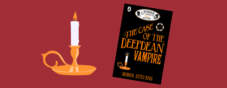 A photo of the cover of the The Case of the Deepdean Vampire next to an illustration of a candle