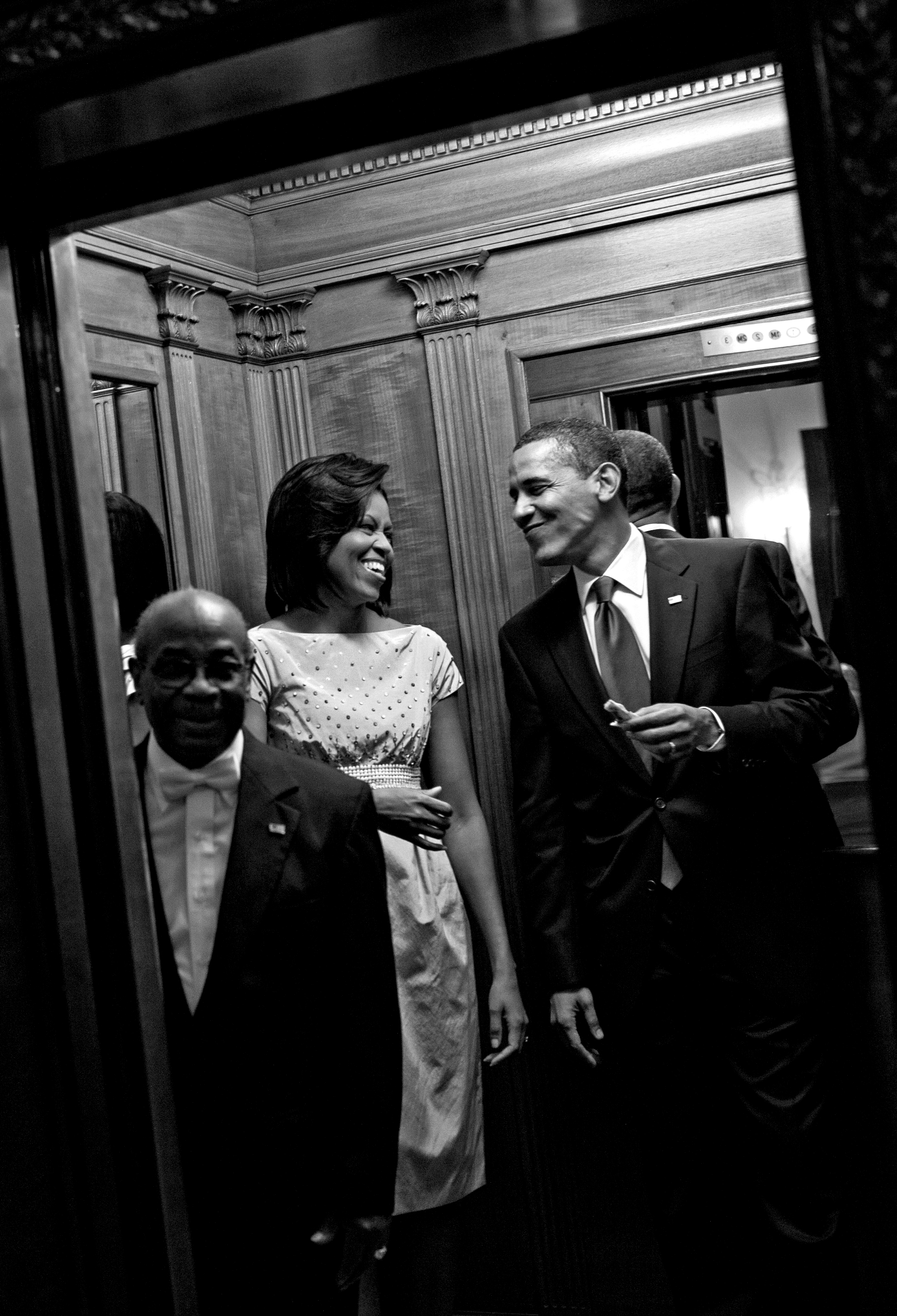 Michelle and Barack Obama head back to the residence via the elevator after a celebration of Cinco de Mayo at the White House. May 4, 2009 (Official White House Photo by Samantha Appleton)