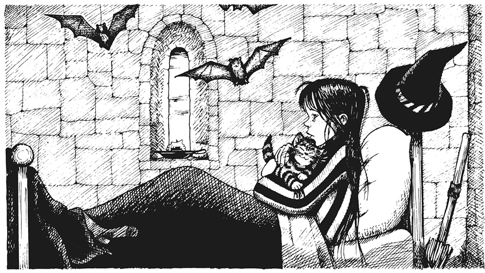 An illustration by Jill Murphy of Mildred Hubble from The Worst Witch. Mildred is sitting in her bedroom, holding her cat and crying.