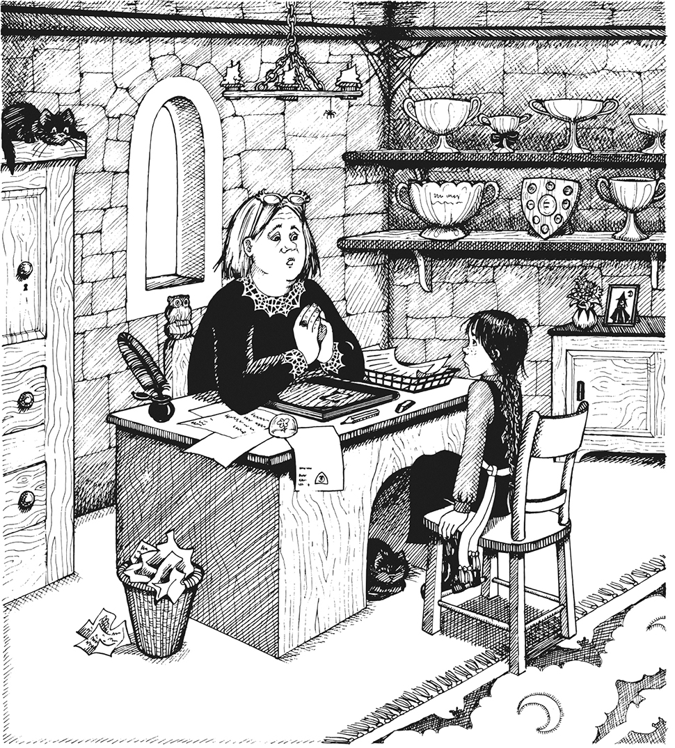 An illustration by Jill Murphy from The Worst Witch. Mildred is sitting in Miss Cackle's office who is the headmistress. Mildred and Miss Cackle both look concerned.