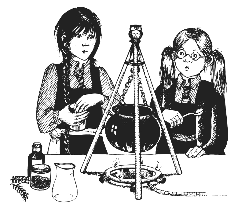 An illustration by Jill Murphy from The Worst Witch. Mildred and her friend Maud are standing in front of a cauldron looking concerned.