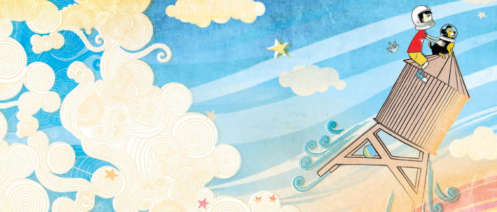 An illustration from R. J. Palacio’s Wonder of Auggie and his dog flying off into the sky on a rocket ship