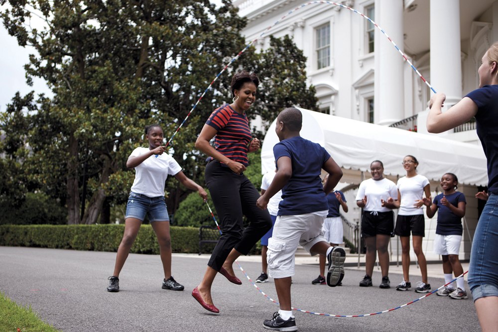 First Lady Michelle Obama jumps rope as part of the NICKELODEON PALA PSA TAPING on the South Grounds of the White House July 15, 2011. (Official White House Photo by Chuck Kennedy)