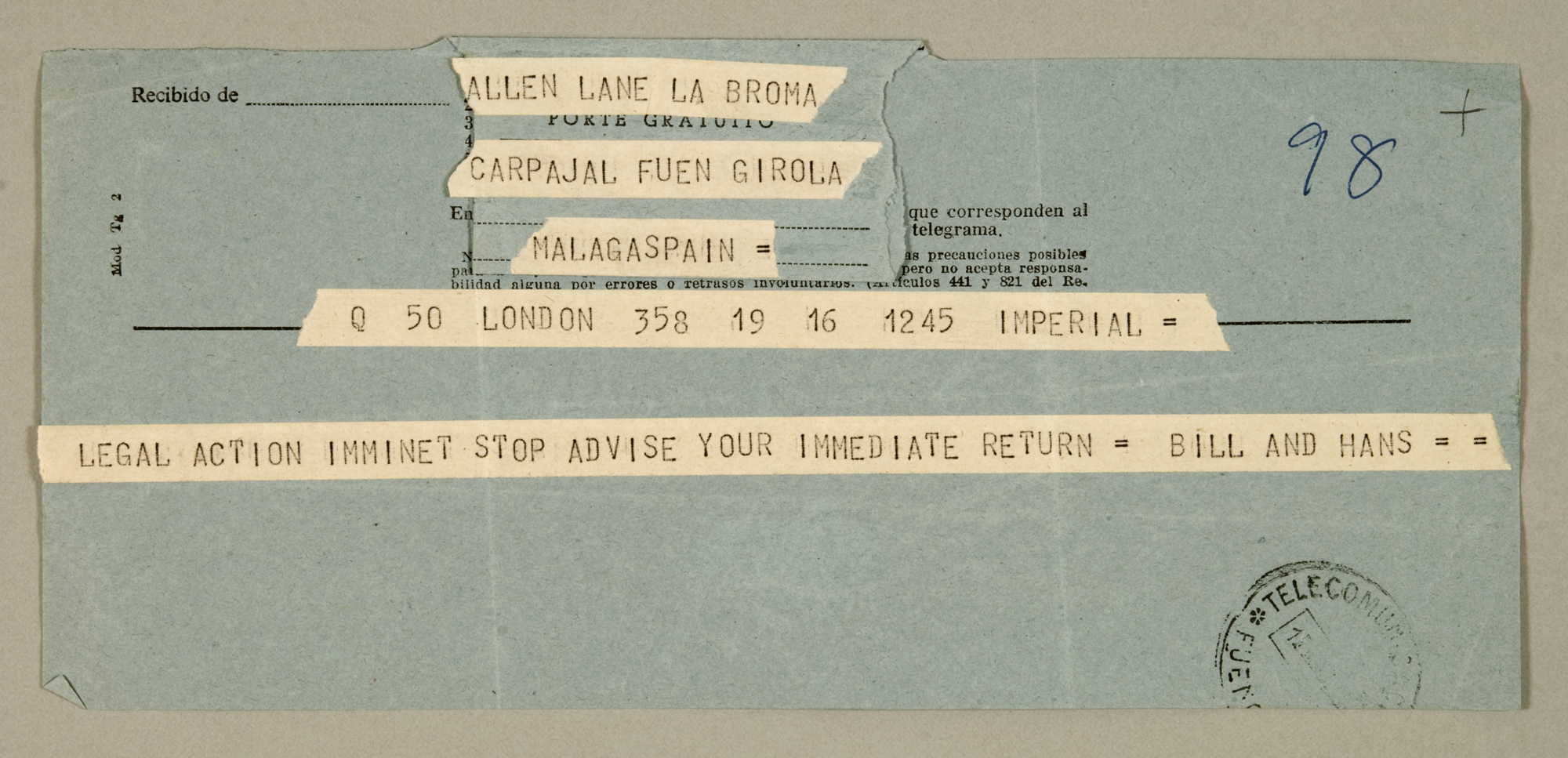 Telegram sent to Allen Lane 
