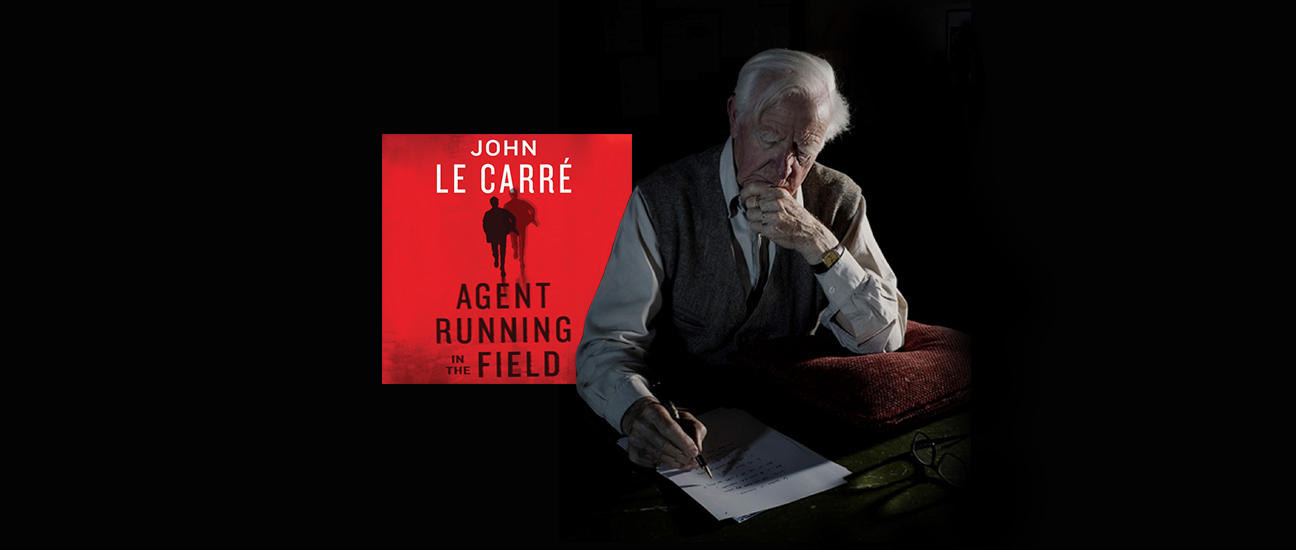 John le Carre with audiobook cover of his new novel 'Agent Running in the Field'