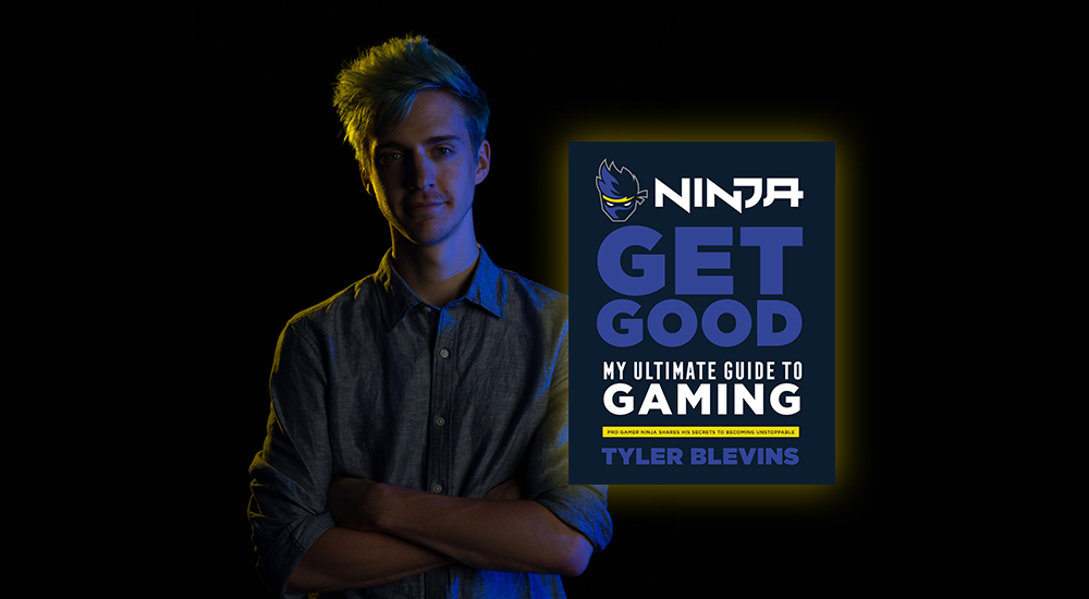 Tyler 'Ninja' Blevins with book jacket for his title 'Get Good'