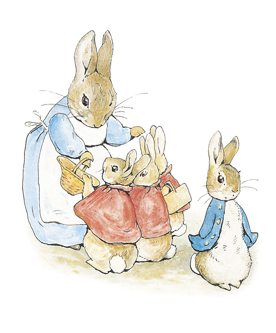 An illustration by Beatrix Potter of Peter Rabbit, his sisters  and his mother. His mother is dressing them all