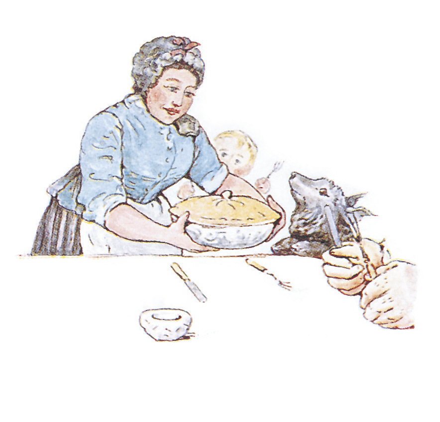 An illustration by Beatrix Potter of Mrs McGregor holding a pie