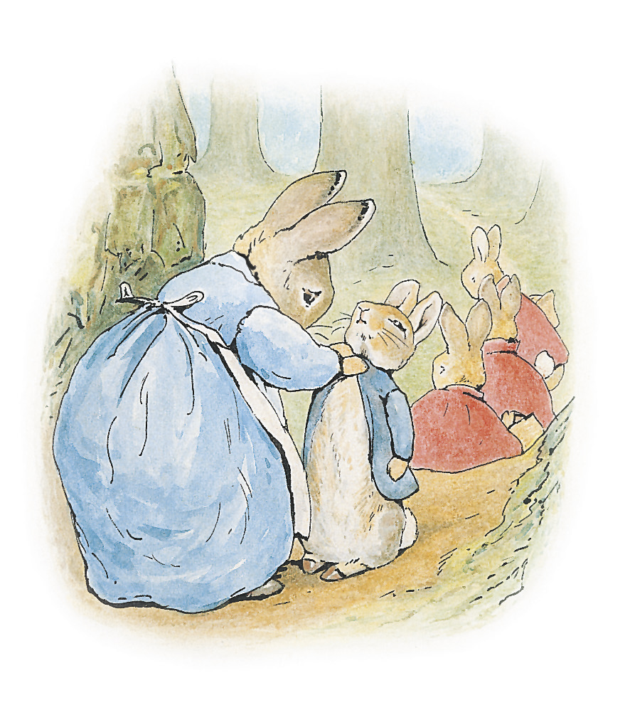 An illustration by Beatrix Potter of Mrs Rabbit dressing Peter Rabbit