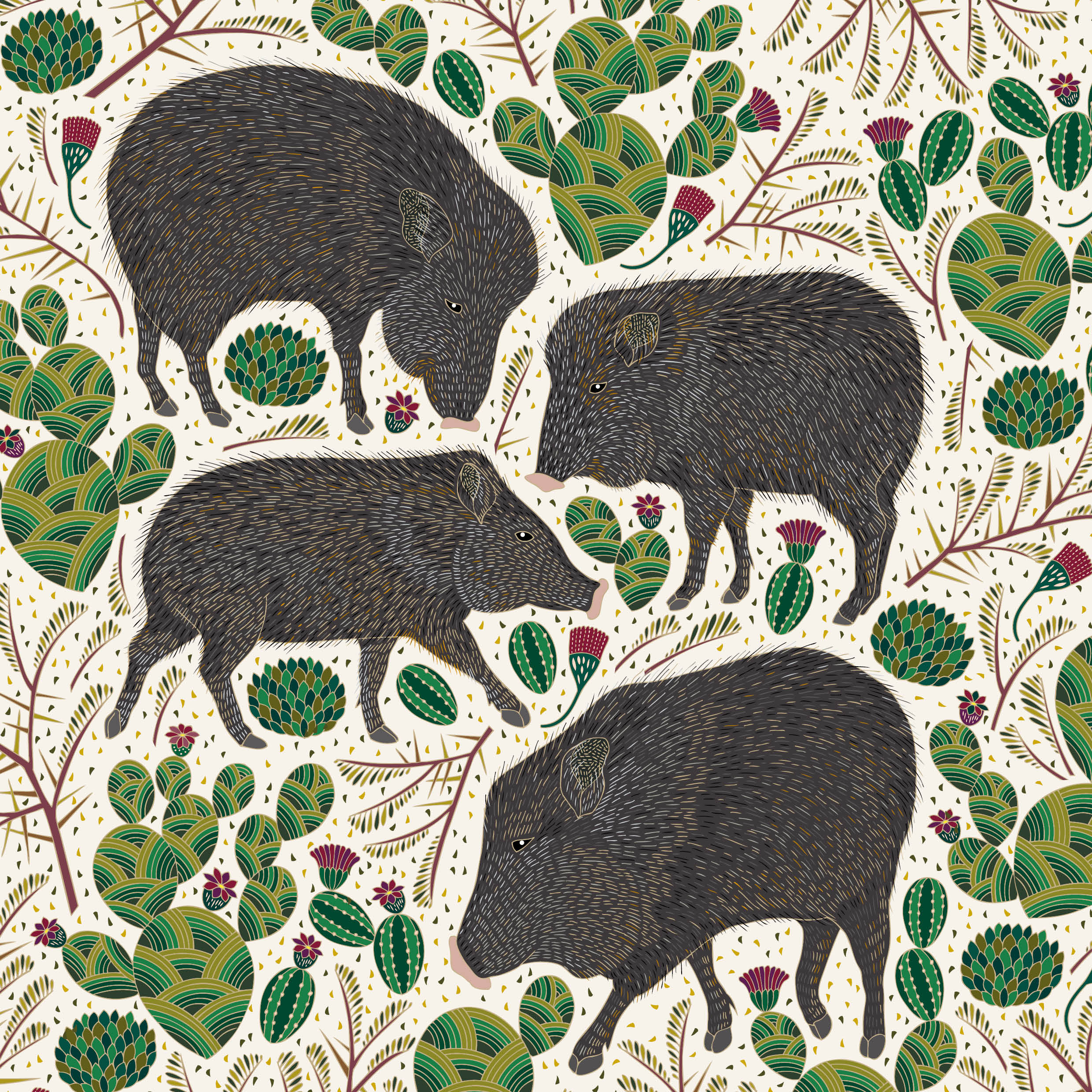 An illustration of a chacoan peccary by Millie Marotta. It looks similar to a wild pg