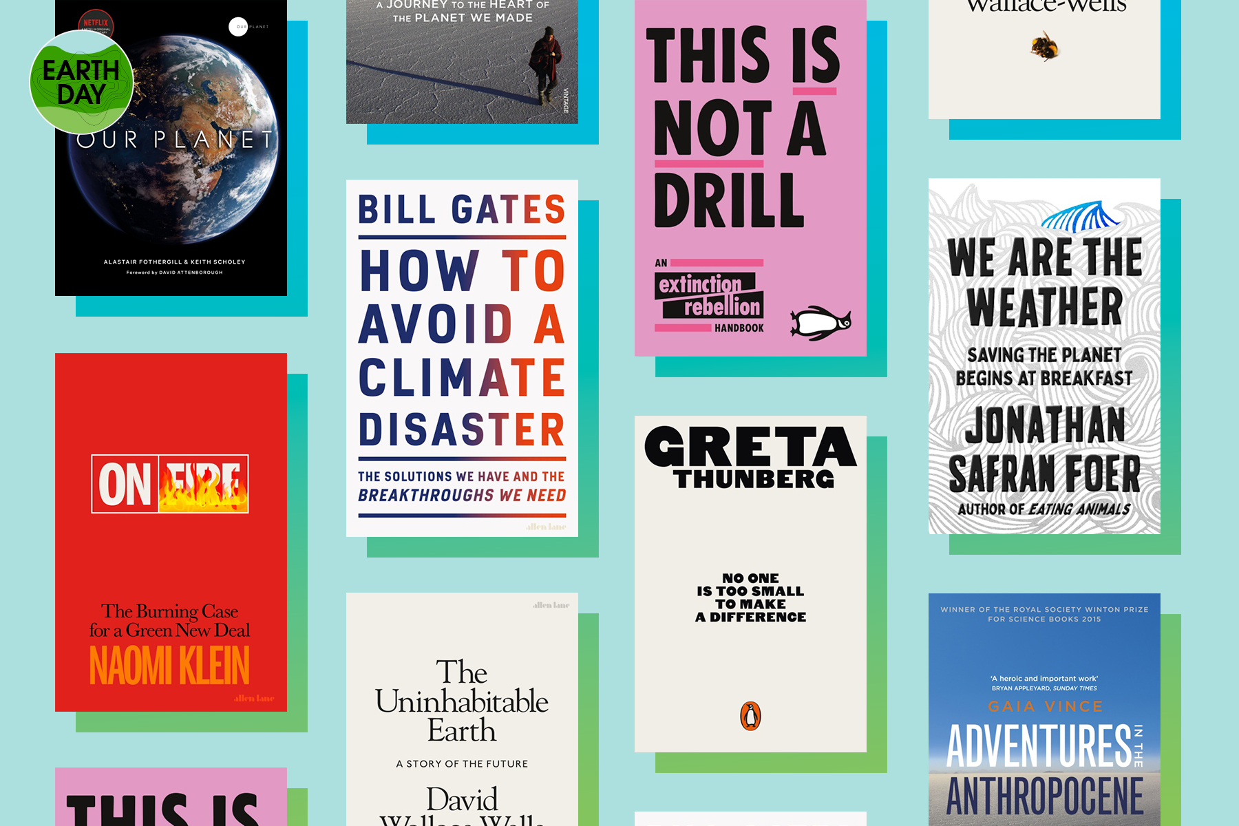 A flatlay image of books about climate change.