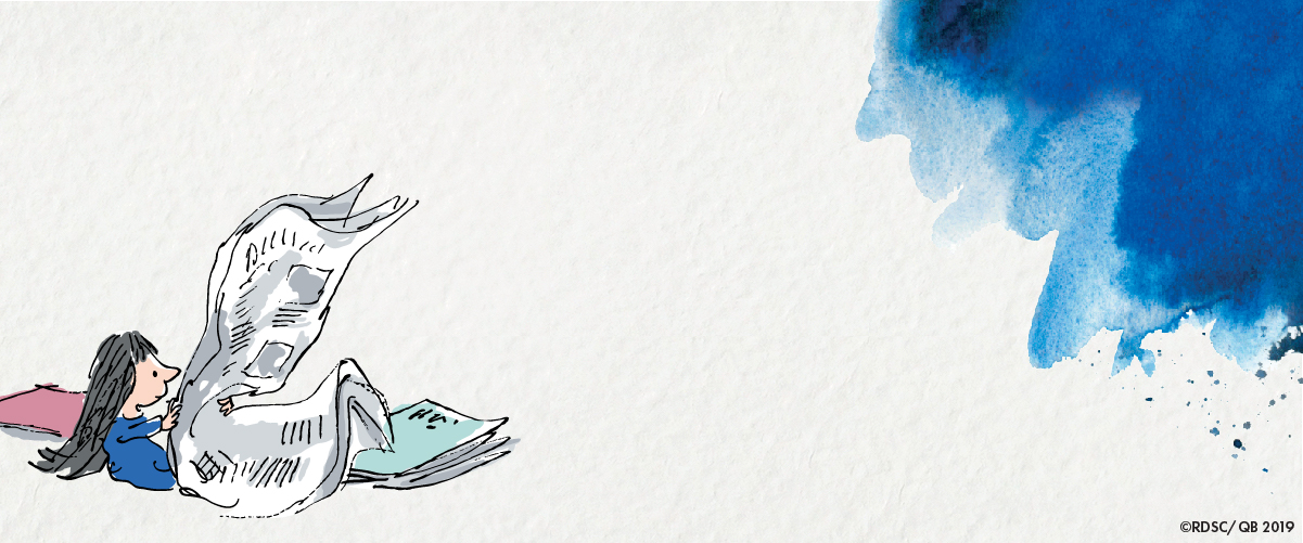 An illustration by Quentin Blake of Matilda reading a newspaper