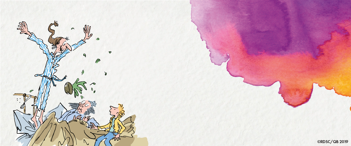An illustration by Quentin Blake of the characters from Charlie and The Chocolate Factory