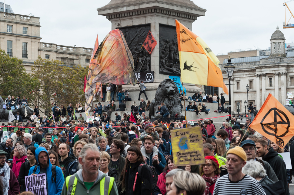 Extinction Rebellion protests at Trafalgar Square in London, October 2019. Photo: Getty
