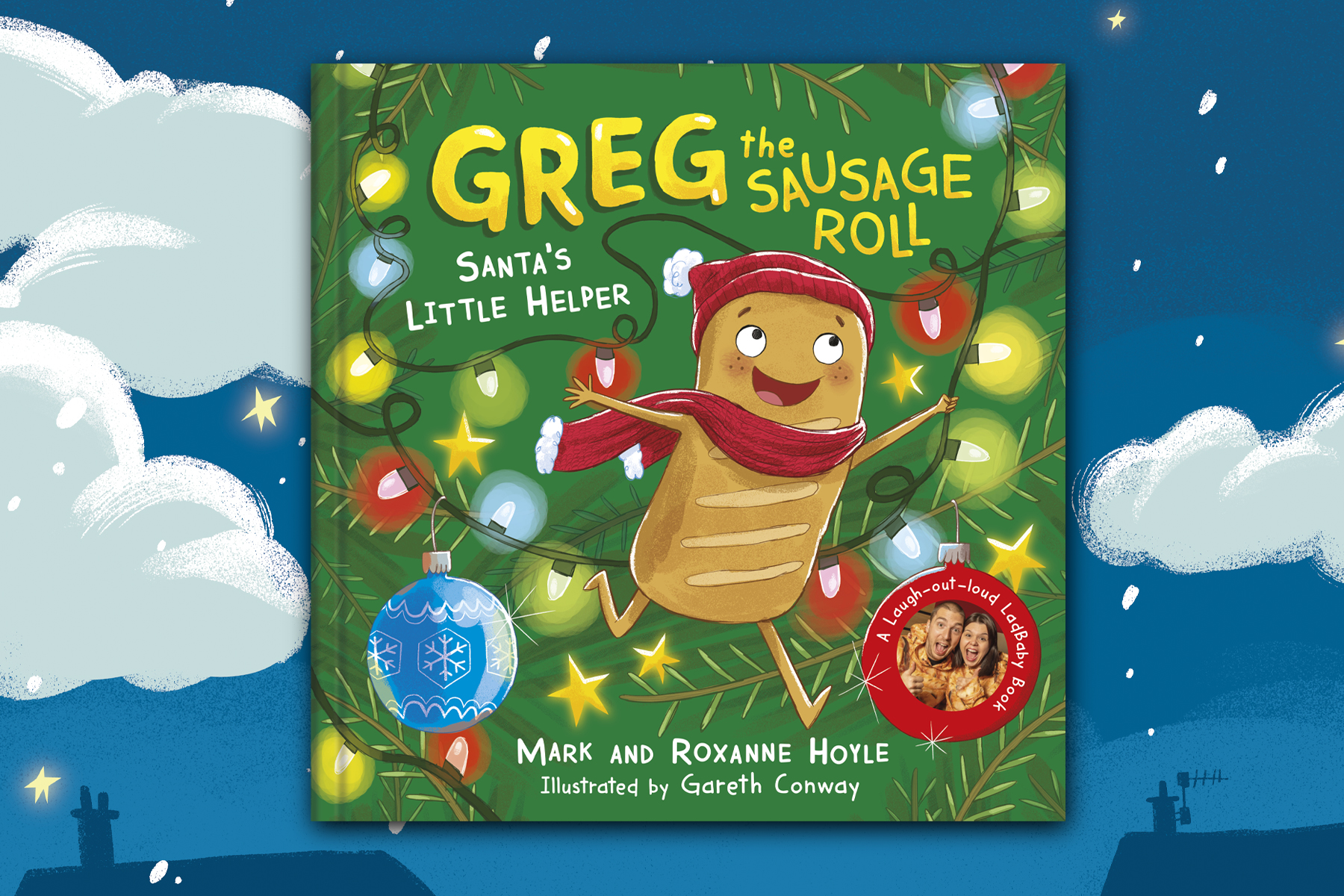 A picture of the book Greg the Sausage Roll on an illustrated night sky background