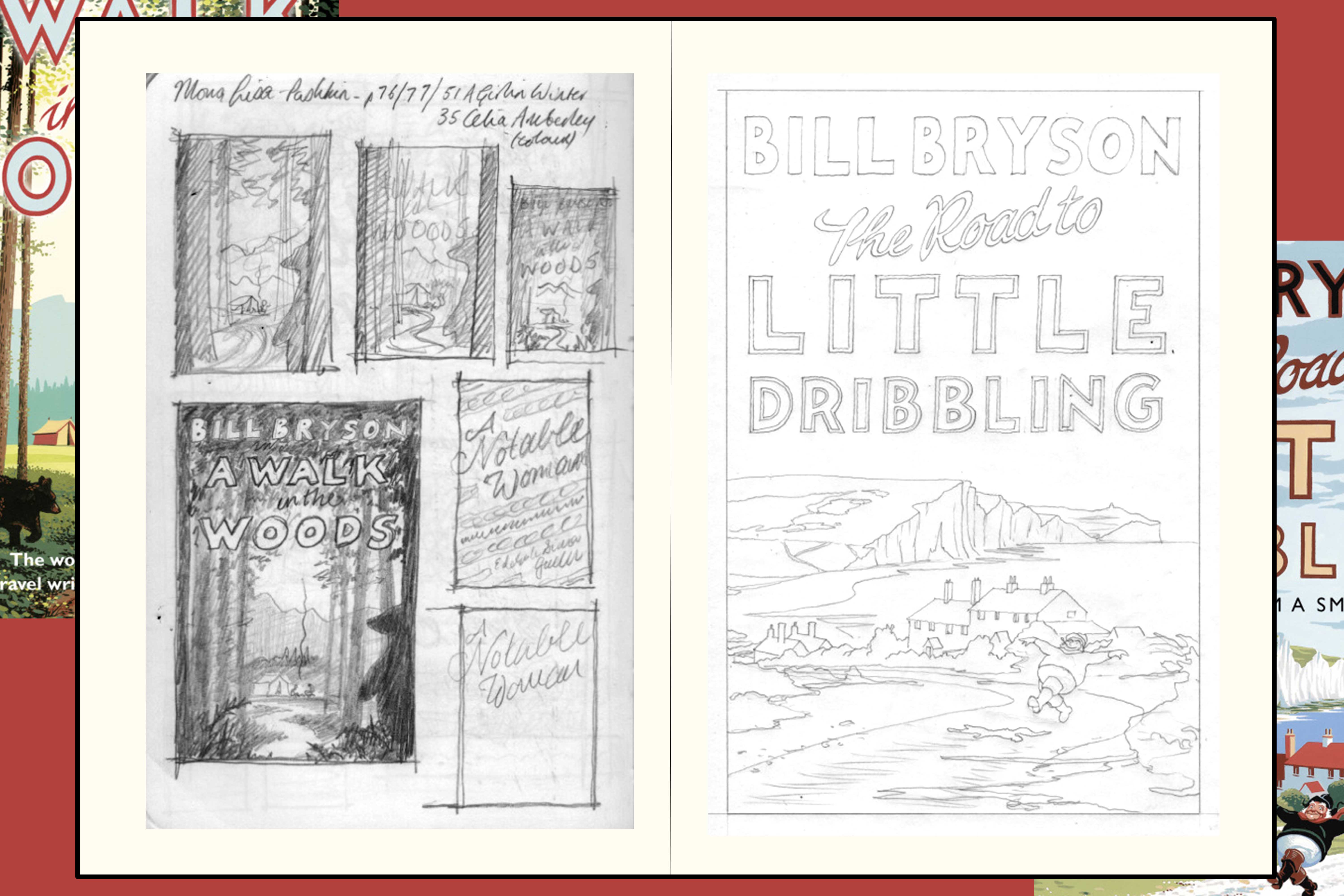 Sketches of early Bill Bryson covers