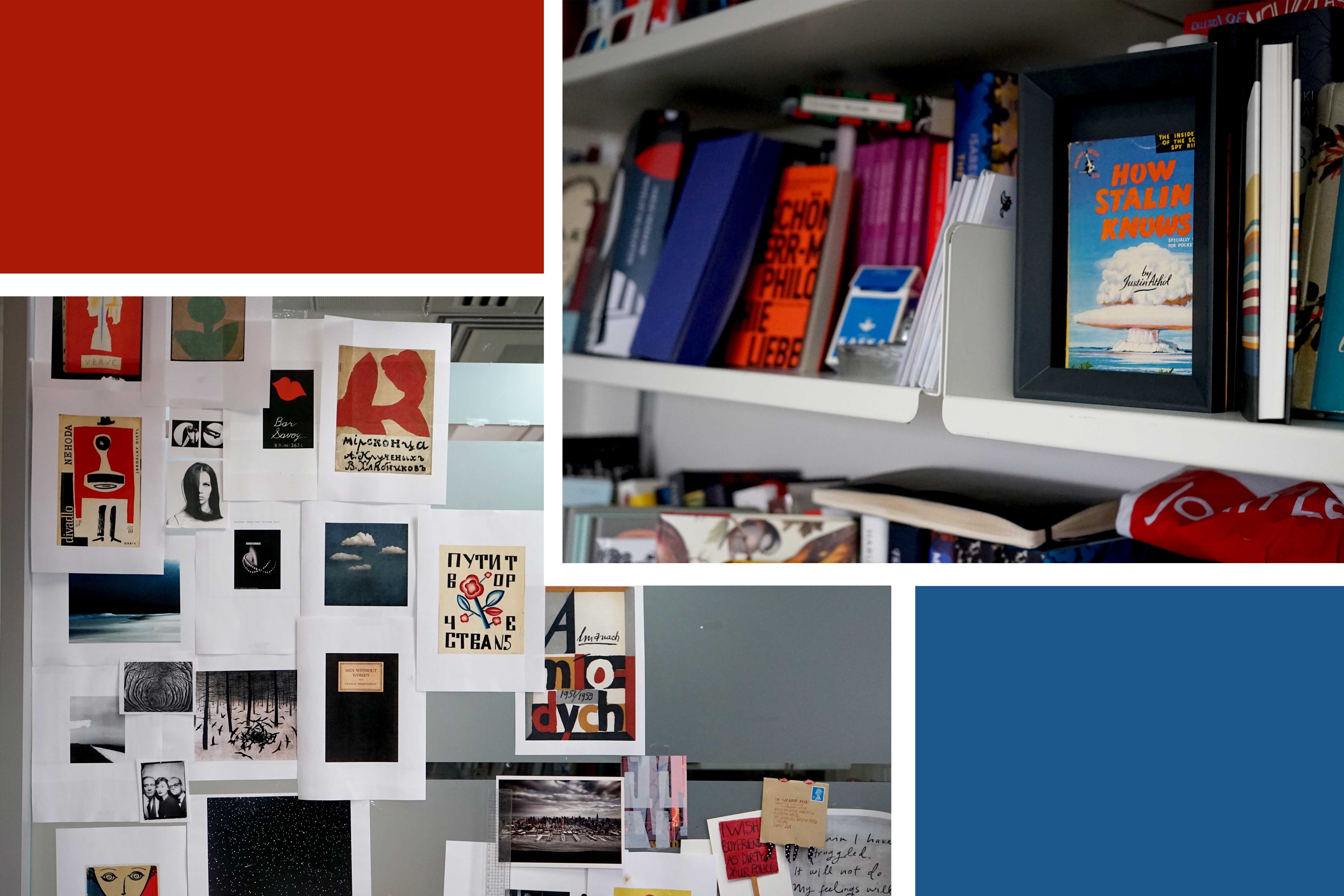 Bookshelves and mood board in Suzanne's office