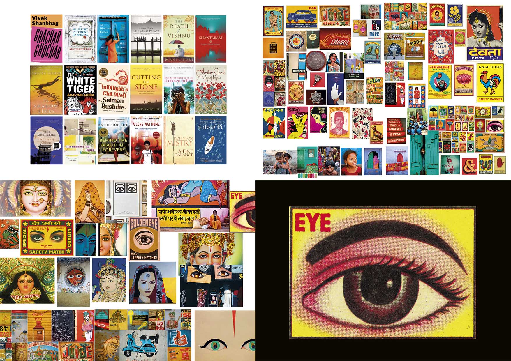 Mood boards of imagery from India, books from India and illustrations of eyes