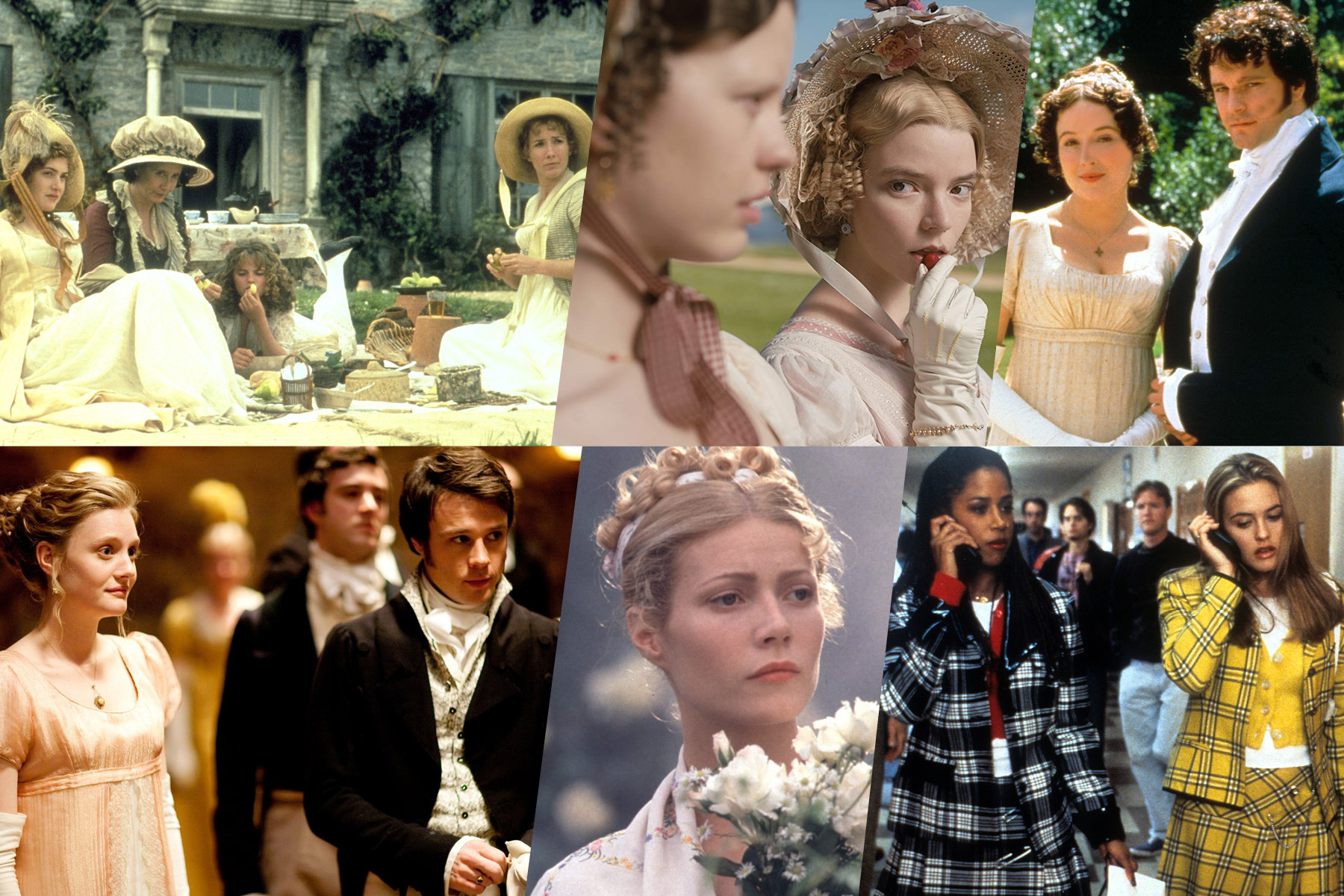 A collage of stills from different Jane Austen film adaptations