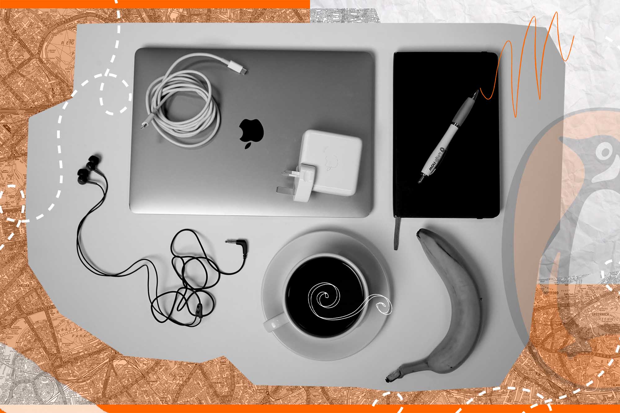 Picture of laptop, charger, notebook, coffee, banana and headphones collaged