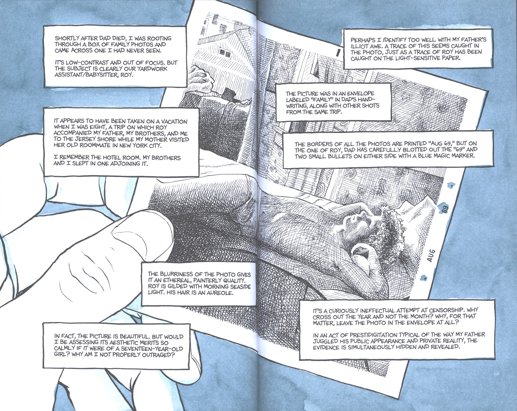 A spread from Alison Bechdel's Fun Home depicting her finding an old photograph after her father dies.
