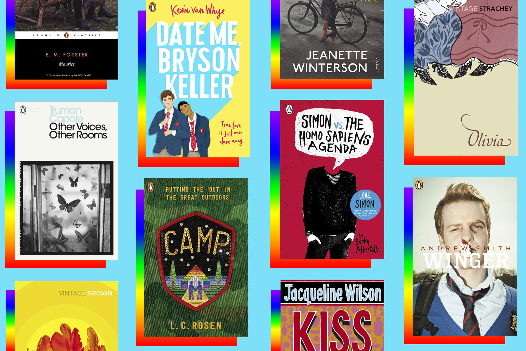 LGBTQ coming of age novels including Simon vs the Homo Sapiens Agenda by Becky Albertalli and Camp by LC Rosen
