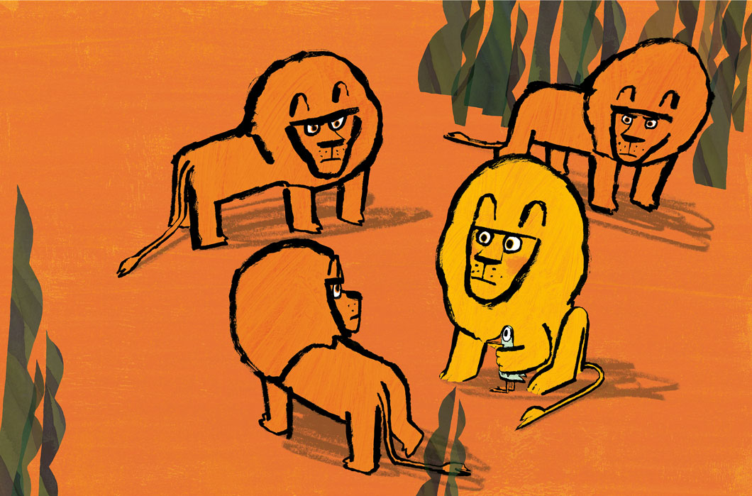 An illustration from 'How to be a Lion' showing a pack of lions surrounding another