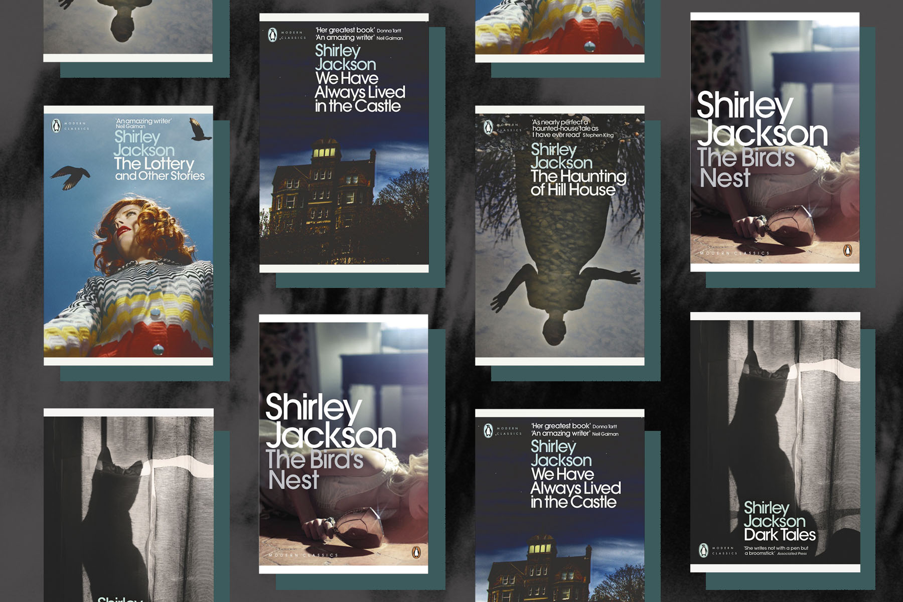 Covers of Shirley Jackson's books, including The Haunting of Hill House and We Have Always Lived in the Castle. Image by Ryan MacEachern/Penguin