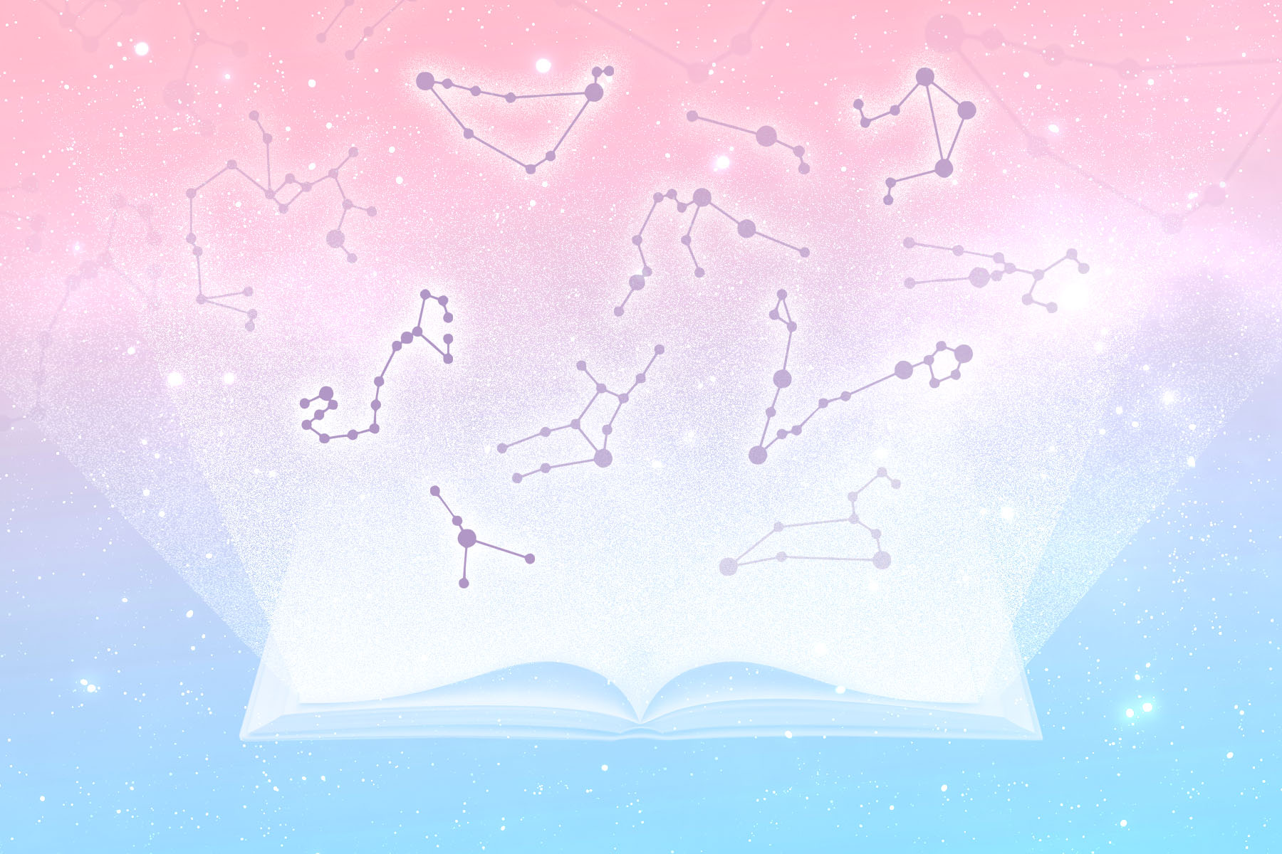 An illustration of an open book with constellations floating above it against a pastel background