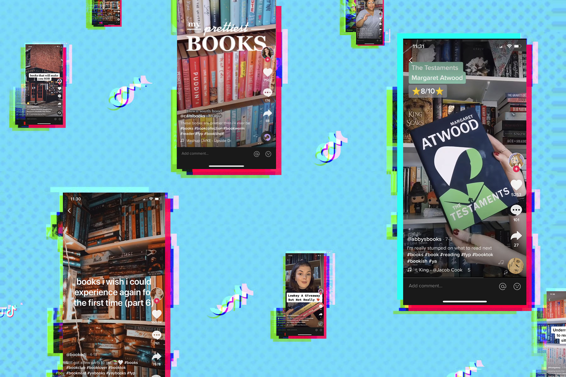 Screenshots of TikTok accounts about books against a blue background with the TikTok logo.
