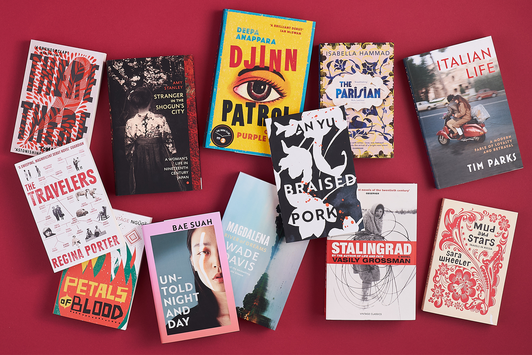 An assortment of 12 books spread out on a red background, flatlay.