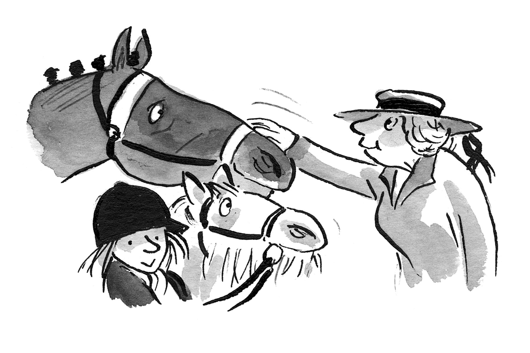 An illustration from The Horse Who Wouldn't Gallop by Clare Balding showing two horses being stroked by an older lady