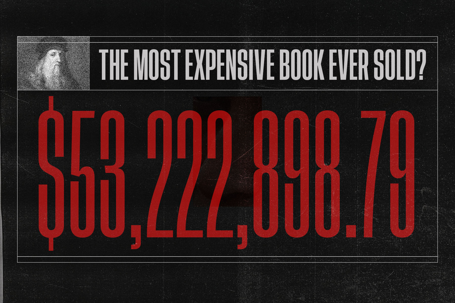 'The most expensive book ever sold?' written in white next to a picture of Leonardo da Vinci with the figure $53,222,898.79 written below in big red lettes.
