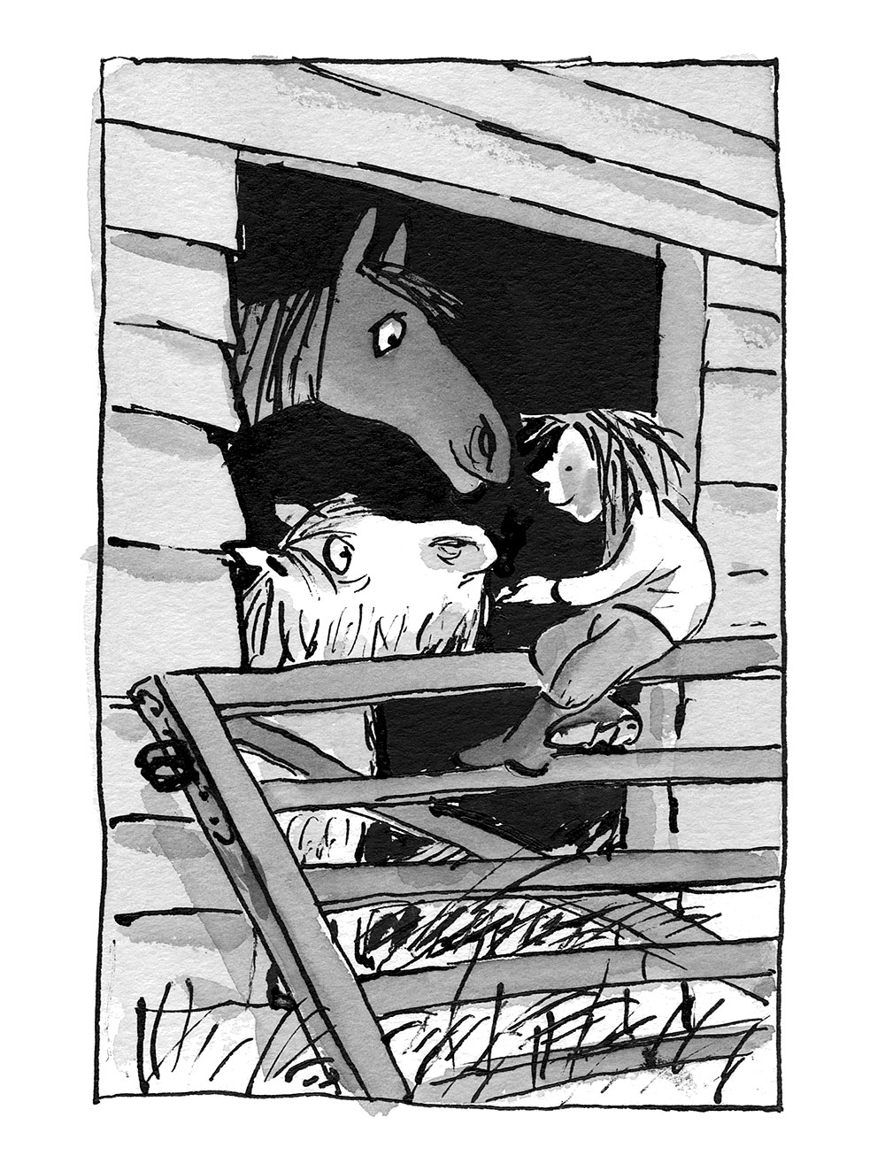 An illustration from The Horse Who Wouldn't Gallop by Clare Balding showing Charlie Bass in the stables with the horses