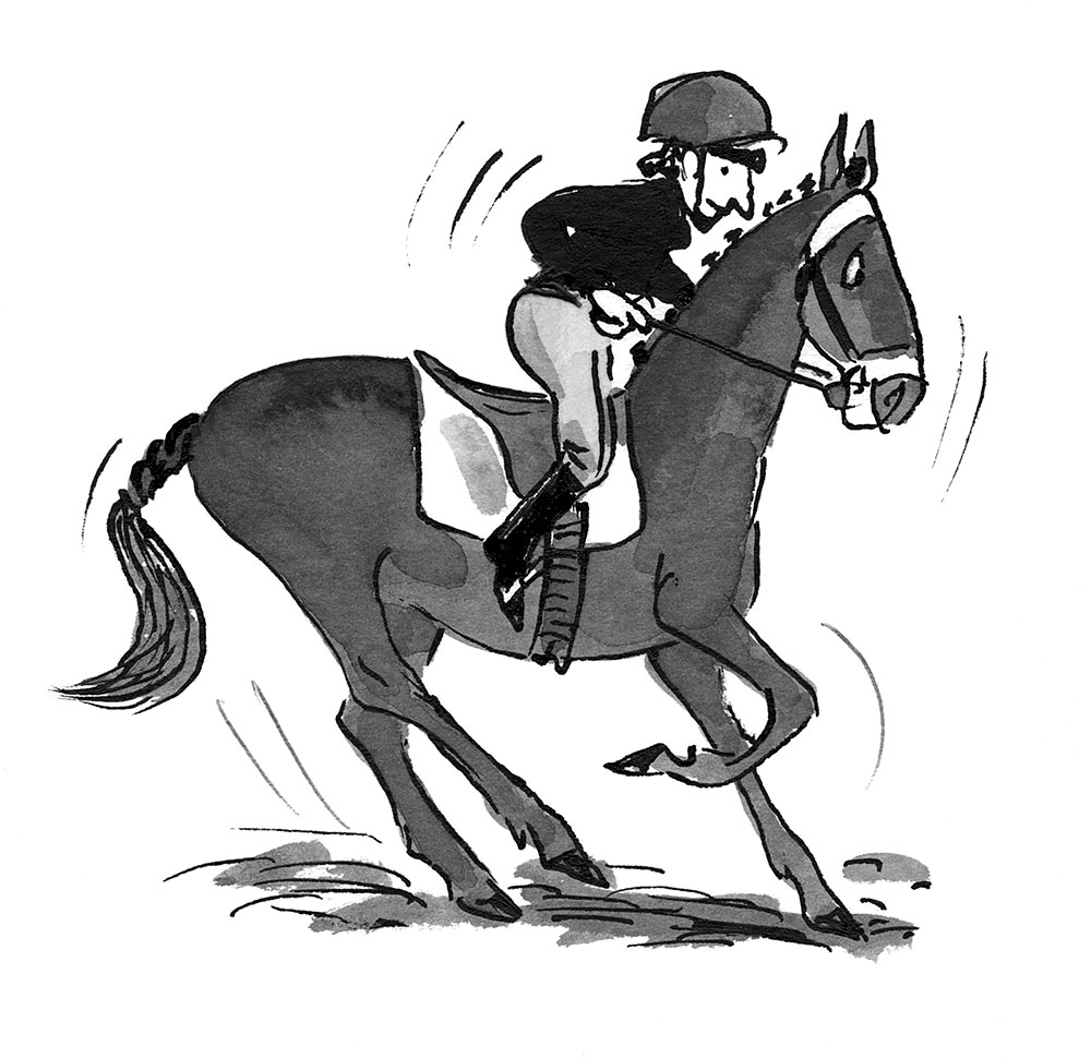 An illustration from The Horse Who Wouldn't Gallop by Clare Balding showing Charlie Bass riding her horse Noble Warrior