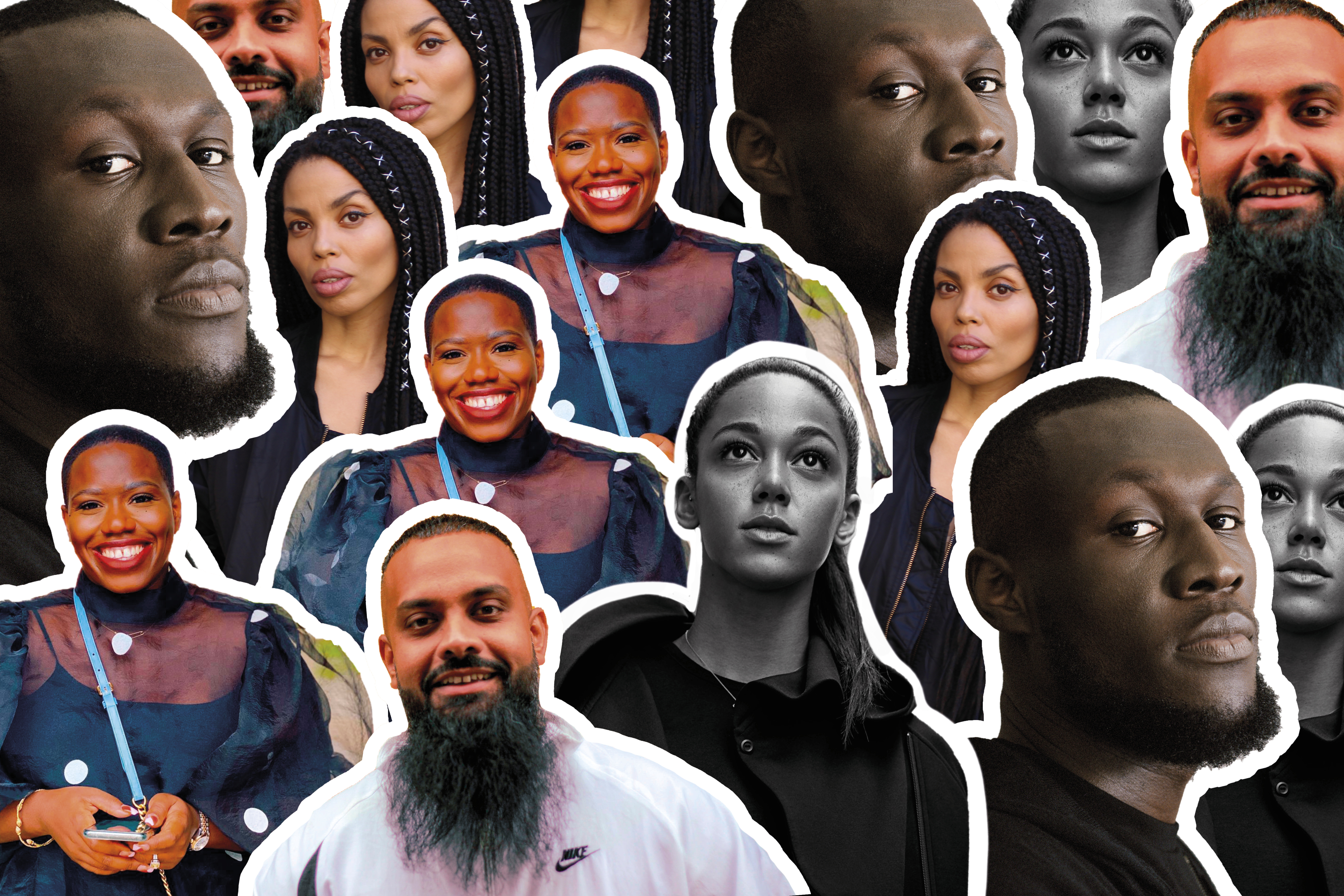 Collage of judges for #Merky New Writers' Prize, with multiple cut outs of Stormzy, Katarina Johnson Thompson, Guz Khan and Candice Braithwaite.